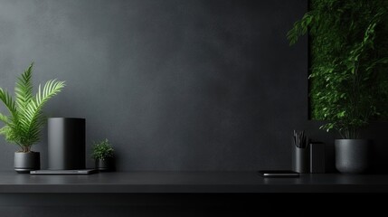 Minimalist dark workspace with plants.  A clean, modern desk area featuring a dark gray wall and a dark gray/black countertop with several small potted plants