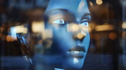 Urban reflection: serene mannequin gaze through storefront window display