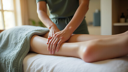 Fototapeta premium Close up of a massage therapist massaging a female leg at a spa salon representing relaxation wellness and therapeutic treatments in a serene environment. concept as Close up of massage therapist mass