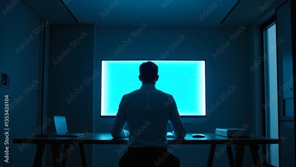 Poster a person sitting in front of a blank screen watching monitor. the room is dimly lit and the screen s