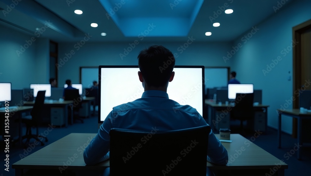 Poster a man seated at a desk facing a blank screen in a dimly lit office, emphasizing focus and concentrat