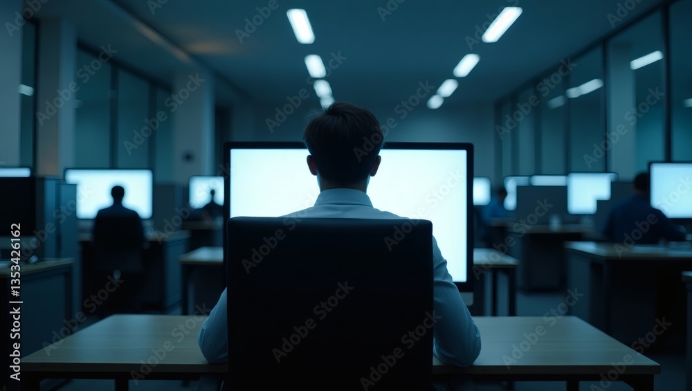 Poster a person focused on their computer monitor in a dimly lit office, a scene of concentration and techn