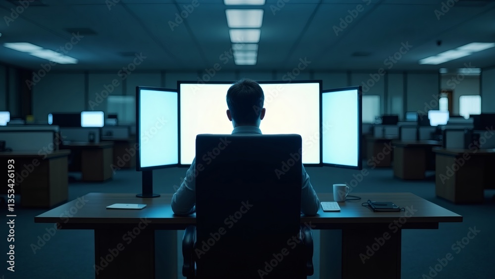 Poster a person facing multiple screens in a dark office setting, creating a sense of intensity and concentration