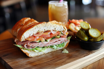 A hearty hoagie overflows with layers of fresh deli meats, crisp lettuce, juicy tomatoes, and creamy cheese, all nestled inside a soft, golden sub roll, bursting with flavor in every bite