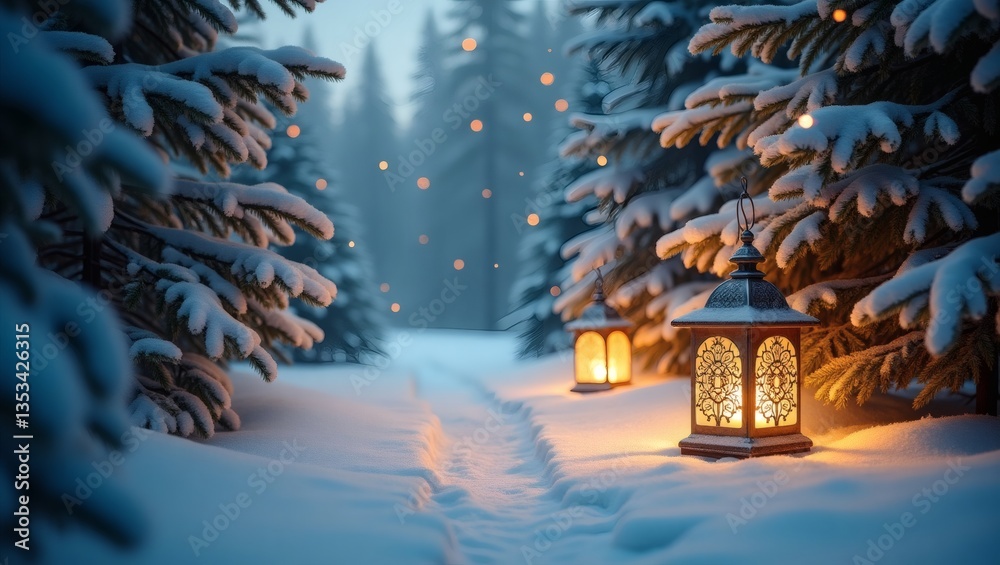Poster a path illuminated by lanterns through a snowy forest, evoking a sense of wonder and tranquility. The snow-covered trees create a magical winter wonderland. 