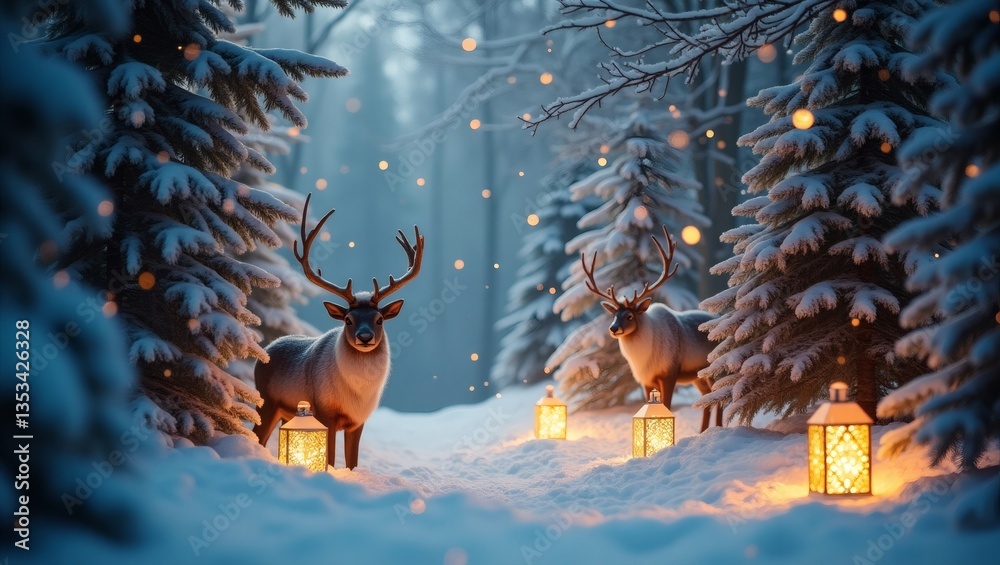 Poster two deer and lanterns in a snowy forest scene, evoking a winter wonderland with magical atmosphere