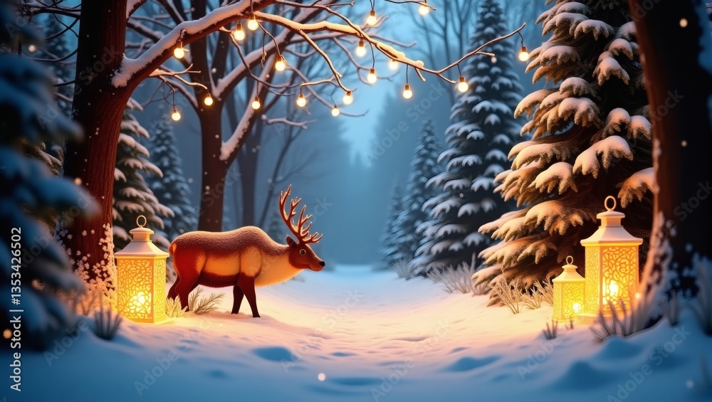 Poster An enchanting winter wonderland scene features a majestic deer with a cozy pathway lined with glowing lanterns and adorned with festive string lights, creating a dreamy and inviting atmosphere