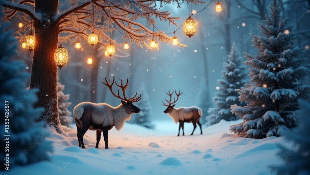 Poster a magical winter forest scene with reindeer, twinkling lights, and falling snow. the reindeer stand 