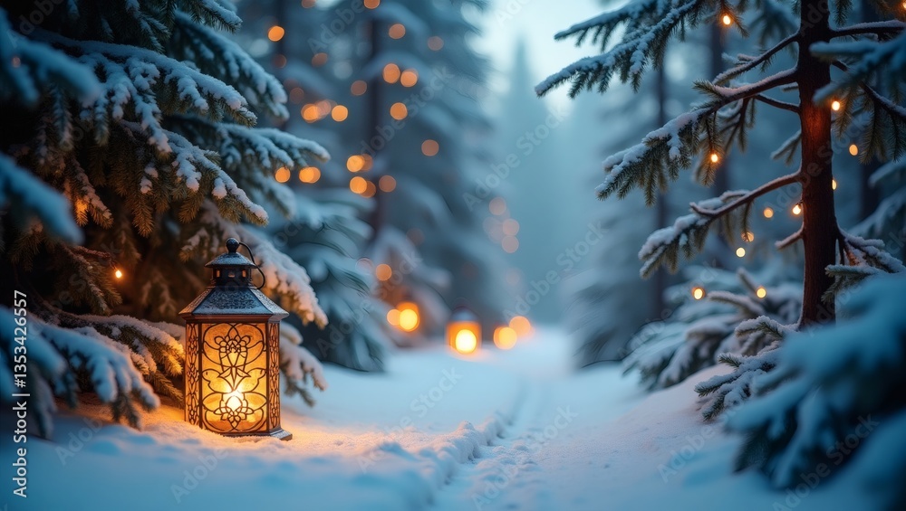 Poster a lantern illuminates a snow-covered forest, creating a magical atmosphere