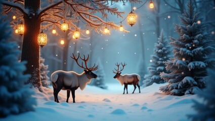 a magical winter forest scene with reindeer, twinkling lights, and falling snow. The reindeer stand in the snow under the softly glowing lights, creating a serene atmosphere