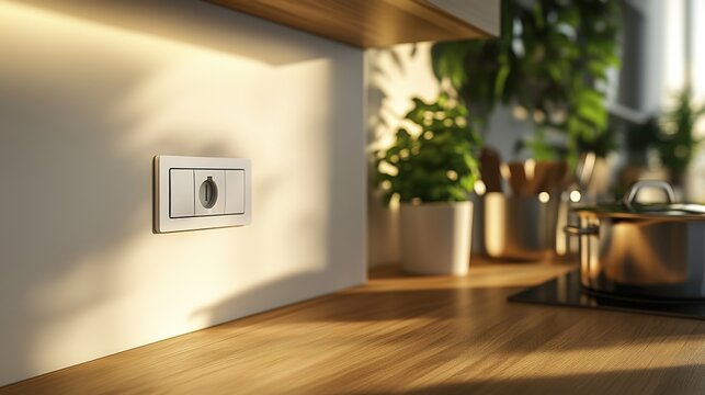 A modern kitchen scene with a white wall featuring a power outlet, a wooden countertop with green plants and stainless steel pots, blurred green plants and natural light in the background