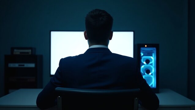a man working intently at his desk with computer screens glowing in the dimly lit room, emphasizing his concentration and engagement with the task at hand.