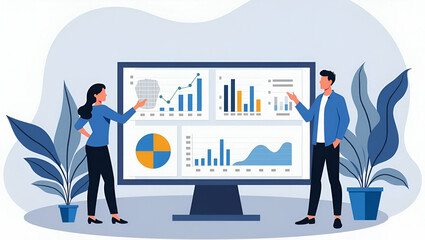 Flat Vector Illustration of Business Team Monitoring Analytics Dashboard for Finance and Strategic Planning - Cute and Simple Design Concept for Data Analytics in Business