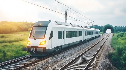 Naklejka premium A modern passenger train travels along the railway tracks through nature