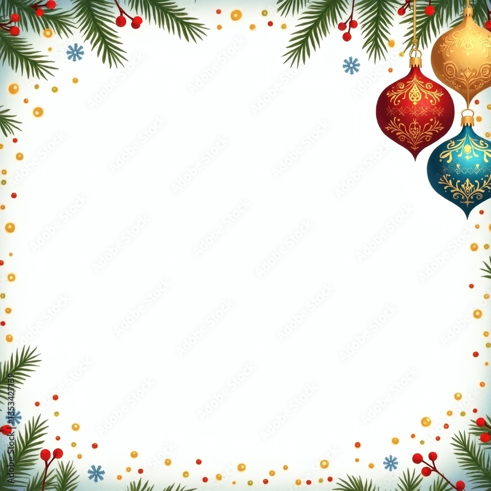 Poster a festive christmas frame adorned with ornaments and evergreen branches, creating a holiday border