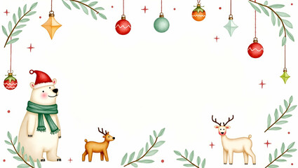 Naklejka premium Whimsical watercolor illustration of polar bear wearing festive red hat surrounded by Christmas ornaments and pine branches evoking joyful holiday spirit concept as Polar bear wearing festive red hat 