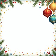 a festive Christmas frame adorned with ornaments and evergreen branches, creating a holiday border