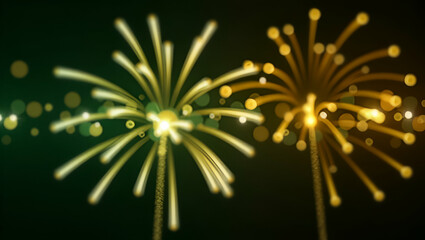 Fototapeta premium Golden Green Fireworks Bokeh: Celebrate New Year with Sparkle