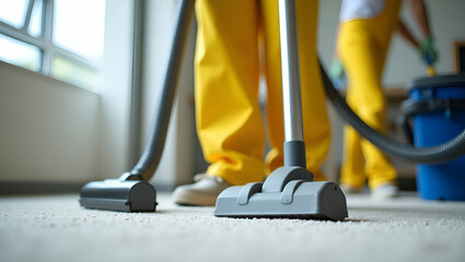 Professional Cleaner in Yellow Overalls Vacuuming Carpet for Spotless Home