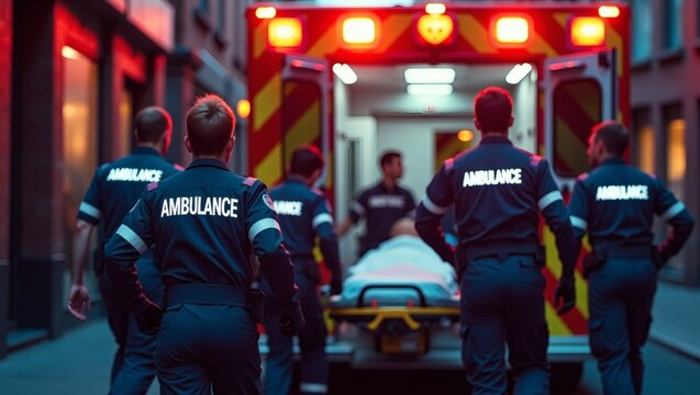 Paramedics transporting patient to the ambulance, emergency services on duty 