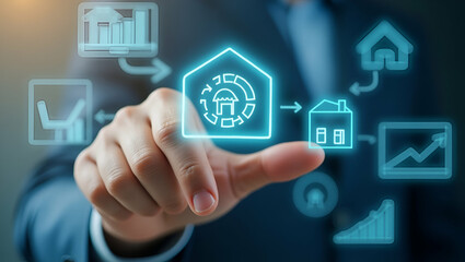 Flat Individual Showcasing Energy Efficiency Rating Icon on Virtual Screen: A Cute Vector Illustration of Energy Efficient House Building and Rate Label Audits for Smart Business Solutions