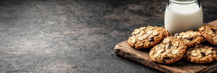 Chocolate chip cookies with almonds and milk on rustic wooden board.
