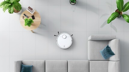 An aerial view of a modern living room with plants