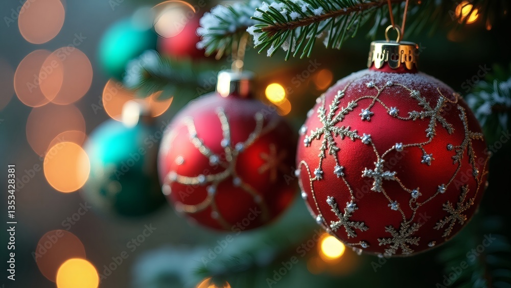 Poster two red and green christmas ornaments hanging from a tree branch, illuminated by soft, blurred light