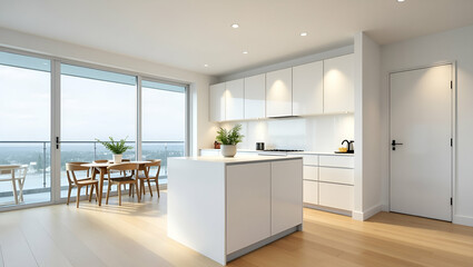 Fototapeta premium Stylish Modern White Kitchen Design: Embrace Wood Floors, Recessed Lighting, and Scenic Balcony Views in a Chic Flat Concept - Perfect for Contemporary Living Spaces