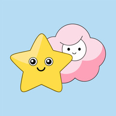 A cute yellow cartoon cat smiles with love, surrounded by sun, stars, and fish, a funny animal vector illustration