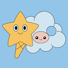 A cute vector baby angel with a smiling face floats on a cloud in a fun, sunny sky
