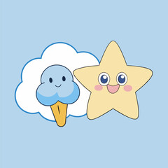 Cute pink bunny angel kid with blue toy and heart flies in fun cartoon sky