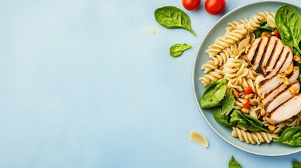 Grilled chicken and fusilli with spinach and cherry tomatoes on blue background.