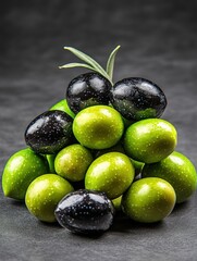 Obraz premium Small pyramid of vibrant green and dark Kalamata olives beautifully garnished with fresh rosemary sprig resting on sleek dark gray surface background