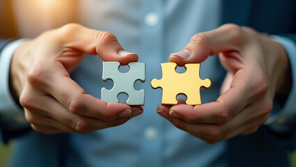 Hand holding jigsaw puzzles Business partnership concept. concept as Hands holding jigsaw puzzle pieces representing business partnership and collaboration. in  Photo Stock  Concept  and empty space o