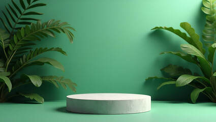 Fototapeta premium Flat Natural stone and concrete podium on green background for empty show for packaging product presentation green leaves scene mockup pedestal concept as Natural stone and concrete podium on green ba