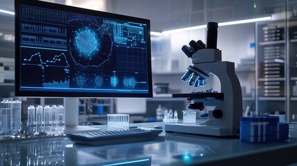 A modern laboratory scene with a microscope and a computer screen displaying complex blue data charts, blurred laboratory equipment and bookshelves in the background
