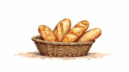 Artistic Watercolor Illustration of a Rustic Basket Filled with Assorted Artisanal Breads - Perfect for Bakery Products and Kitchen Charm in Photo Stock with Left Space for Customization