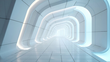Fototapeta premium Depict futuristic tile weaving angled arcs neon geometry large white blocks evoking advanced workplace design forms concept as Display refined code inspired lines connecting bright nodes framed by sta