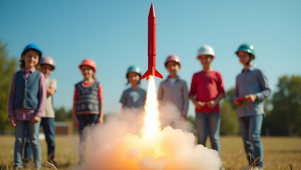 Engaging Science Education: Flat Model Rocket Launching with Children in Helmets on a Sunny Day - A Fun and Educational Activity for Young Learners