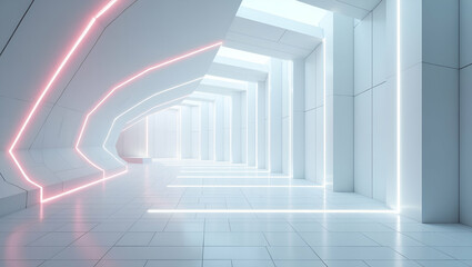 Obraz premium Futuristic Tile Weaving: Angled Arcs and Neon Geometry in Advanced Workplace Design - Refined Code Inspired Lines Connecting Bright Nodes in Stark Emptiness for Enhanced Brand Sophistication