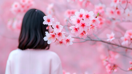 Woman Gazing at Pink Cherry Blossoms