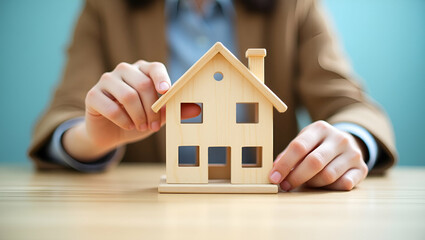 Woman Signs Real Estate Contract Next to Wooden Toy House Illustration