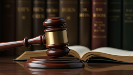 Wooden gavel rests on desk with law texts behind highlighting judicial review enforcement and definitive rulings within legal frameworks concept as A formal setting reveals a judge instrument of autho