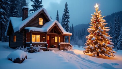a cozy cabin nestled in a snowy landscape, with a decorated Christmas tree, exuding warmth and holiday cheer
