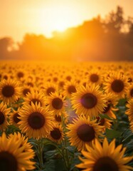 Fototapeta premium Golden hour sunlight bathes a vast sunflower field, petals glowing, orange, farm, vibrant colors
