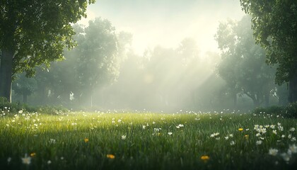 Fototapeta premium Misty Dawn with Spring Meadow.