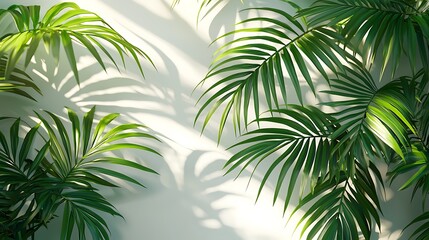 Fototapeta premium Lush green palm leaves cast shadows on a light wall.