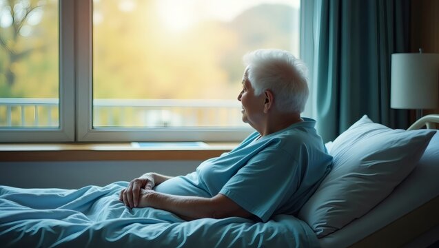 an elderly patient looking outside the window while resting in bed. The person appears to be contemplating with serene expression. The sunlight filters through the window casting a warm glow