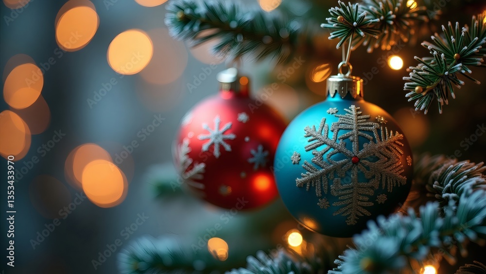 Aufkleber Christmas ornaments hanging on a tree with bokeh lights in the background, creates a festive and inviting atmosphere. The ornaments add color and texture.